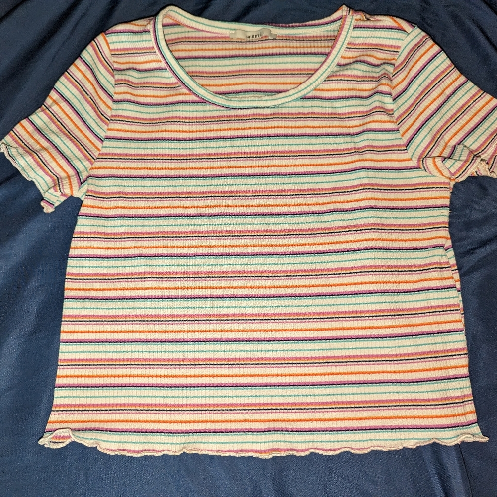 Colorful, striped, ribbed, round neck, short sleeve shirt